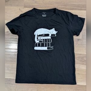 **2/$20 SALE - Black T-Shirt with White Cat on Books Graphic